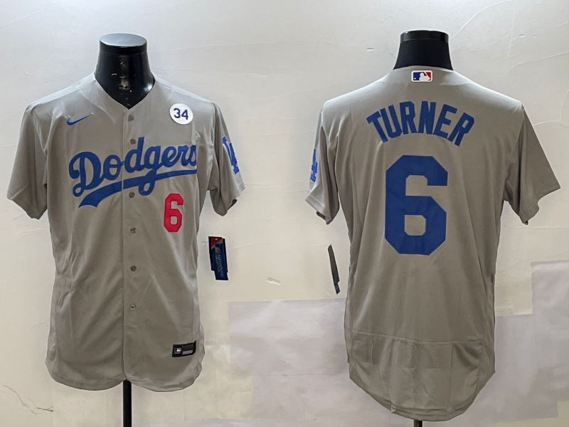 Men Los Angeles Dodgers 6 Turner Grey Elite 2025 Nike MLB Jersey style 4